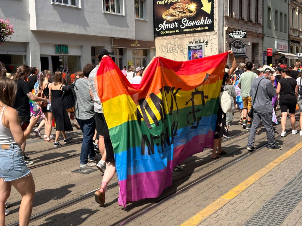 The Bratislava Pride parade marching through the old town.